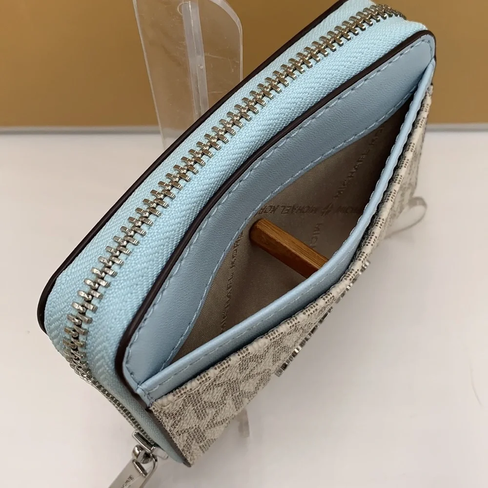 MICHAEL KORS MEDIUM ZIP AROUND CARD CASE VSTA BLUE MULTI SIGNATURE COLOR